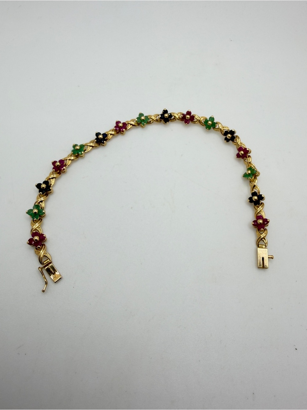 7" Vintage 4.84ctw Ruby, Sapphire, Emerald Flower Tennis Bracelet in 14kt YG! - Picture 6 of 12